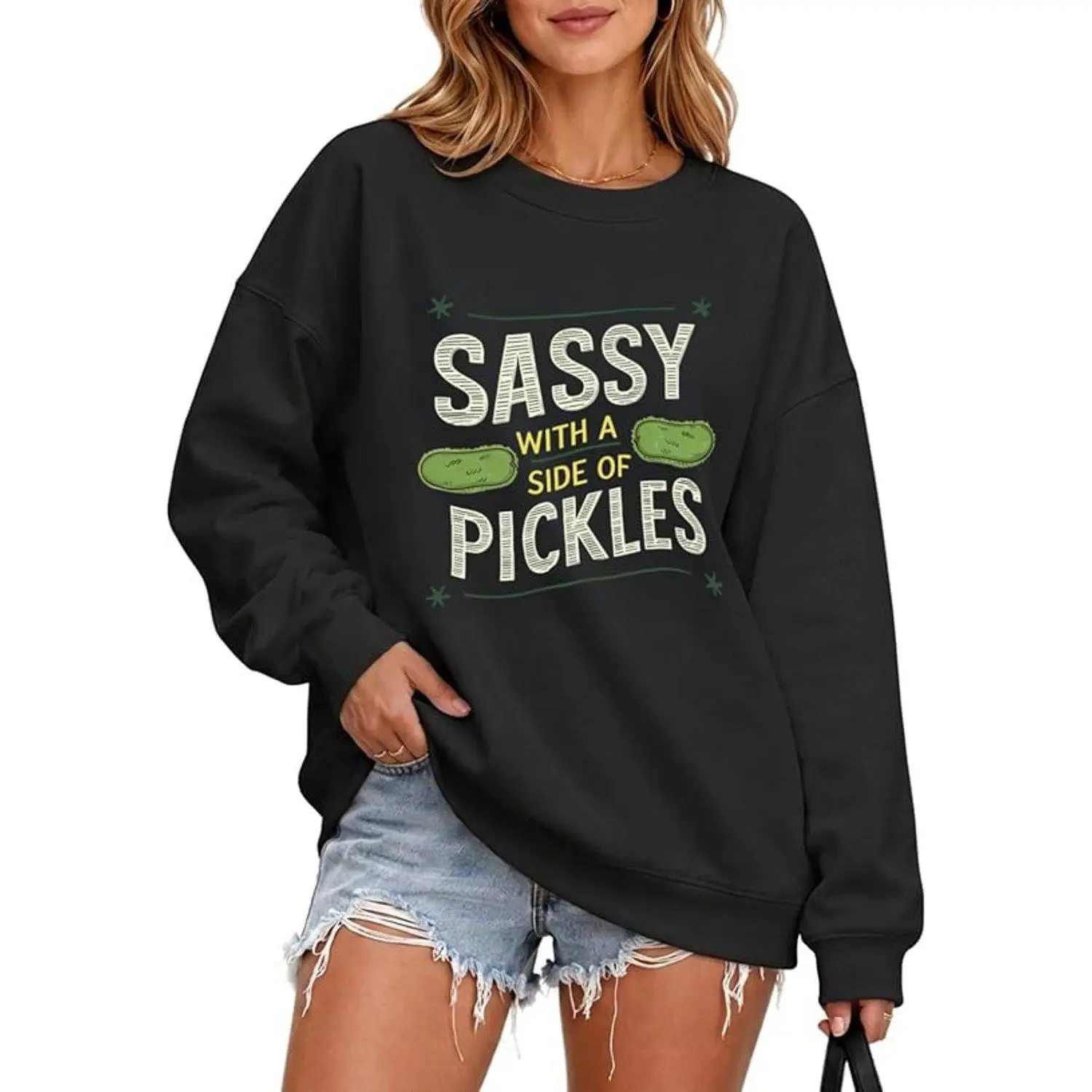 Pickle Graphic Funny Crew Neck Sweatshirt Pickles Cucumbers Pickle Lover Long Sleeve Pullover Top Sweater Shirt