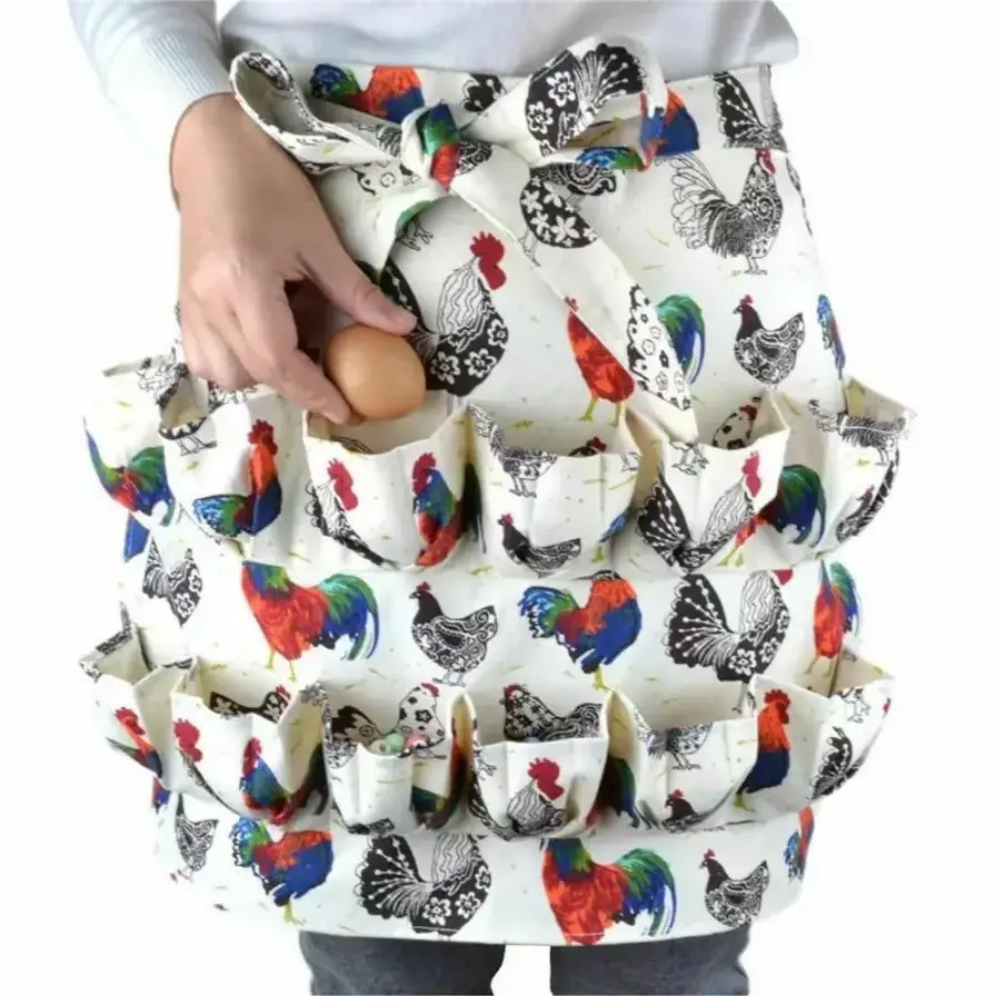 Women's Lightweight Breathable Cotton Bib Apron - Chicken Pattern, Adjustable, 12 Pockets, Egg Apron for Collecting Eggs, Ideal for Farm & Kitchen Use, Aprons With Pockets Green