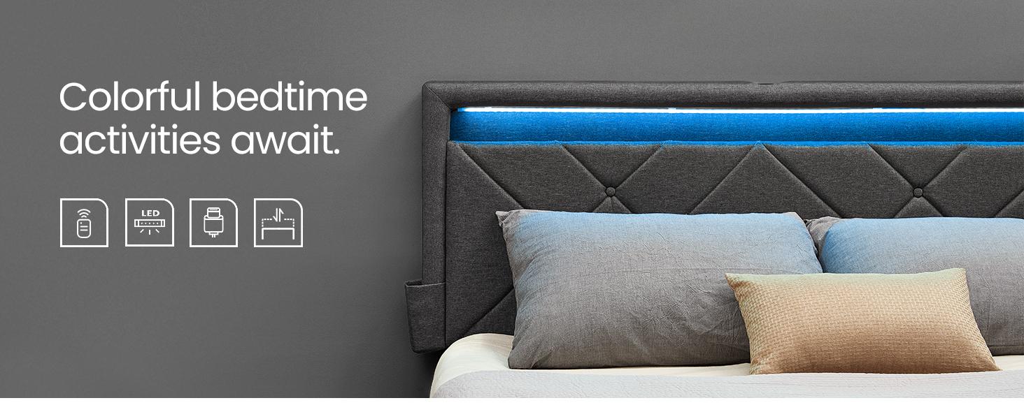 SONGMICS LED Bed Frame Queen Size with Headboard and 4 Drawers, 1 USB Port and 1 Type C Port, Adjustable Upholstered Headboard