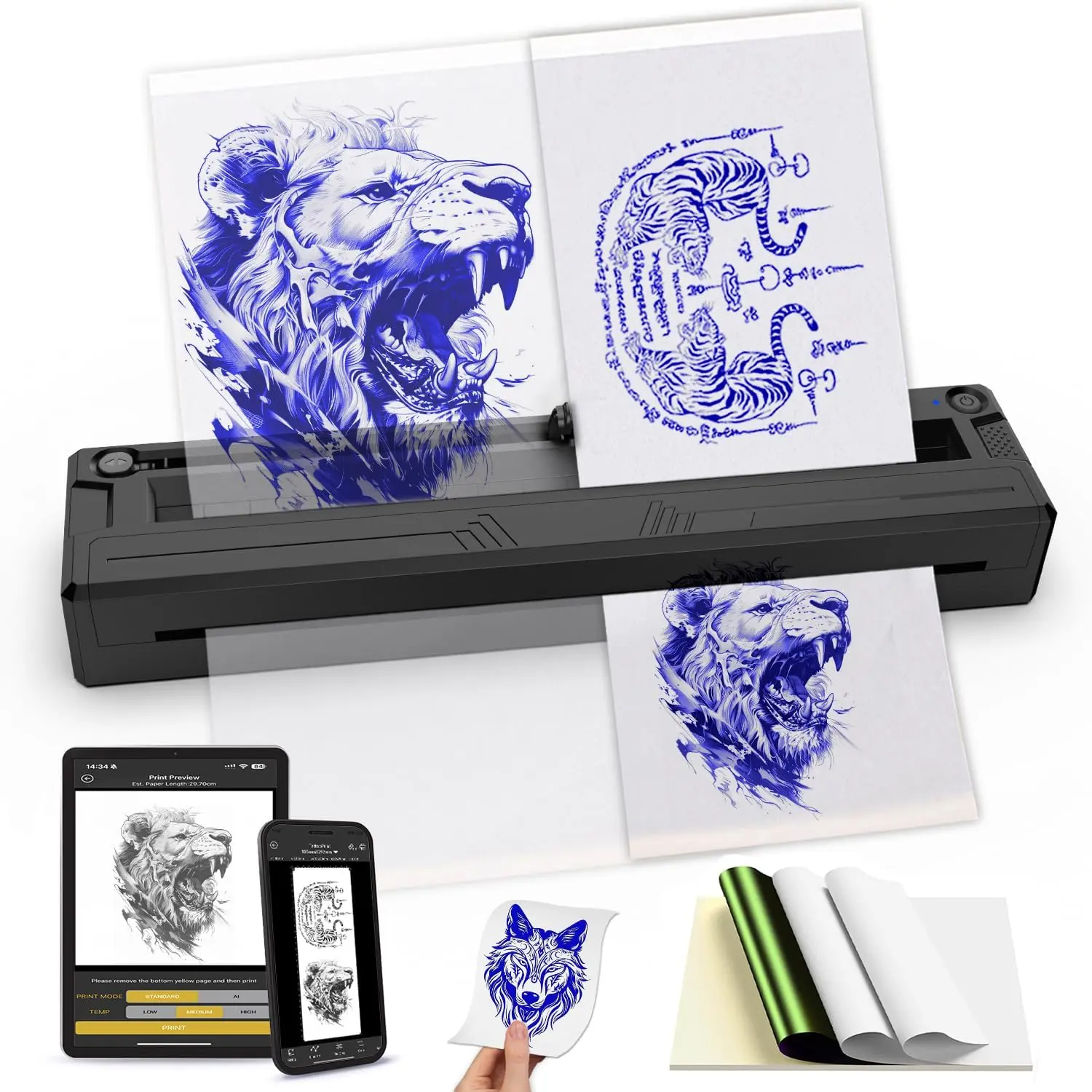 Portable Bluetooth Thermal Printer, 2-in-1 Tattoo Stencil & Student Document Printer with 6PCS A4 Paper & 6PCS Tattoo Transfer Paper, Wireless Mini Printer for Artists, Students & Beginners