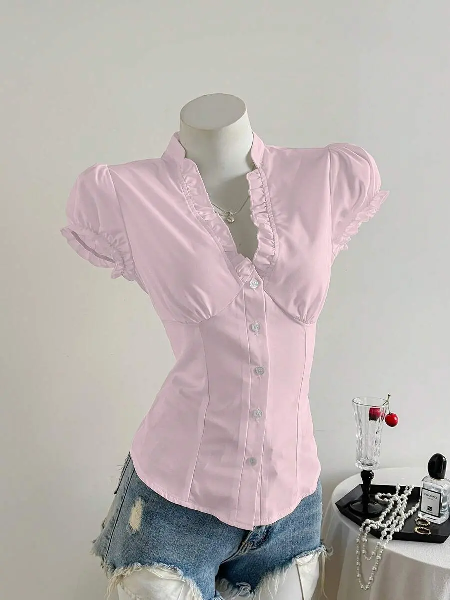 Elamini Minimalist American Style White Ruffle V-Neck Short Sleeve