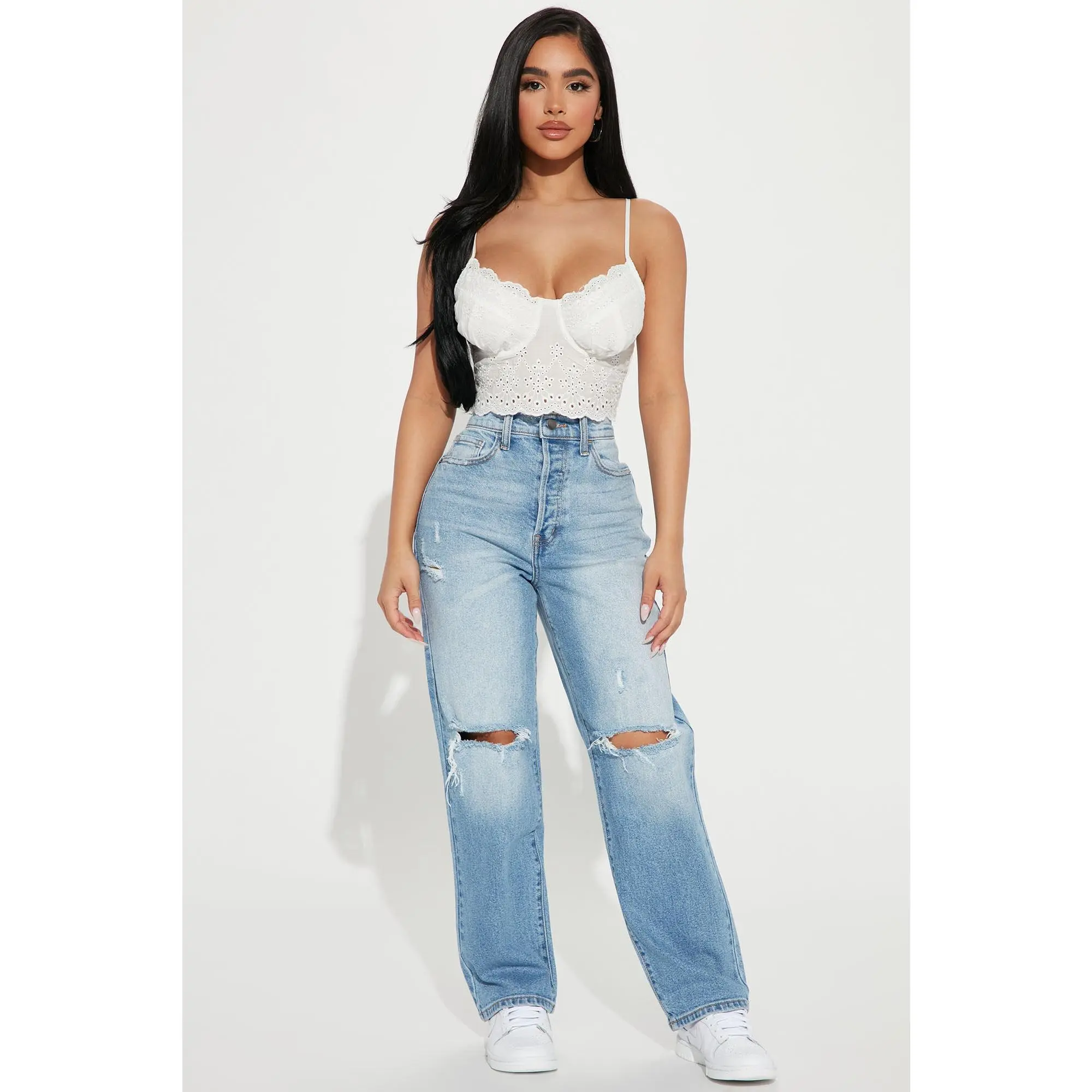 Petite As You Please Ripped Straight Leg Jeans - Light Blue Wash