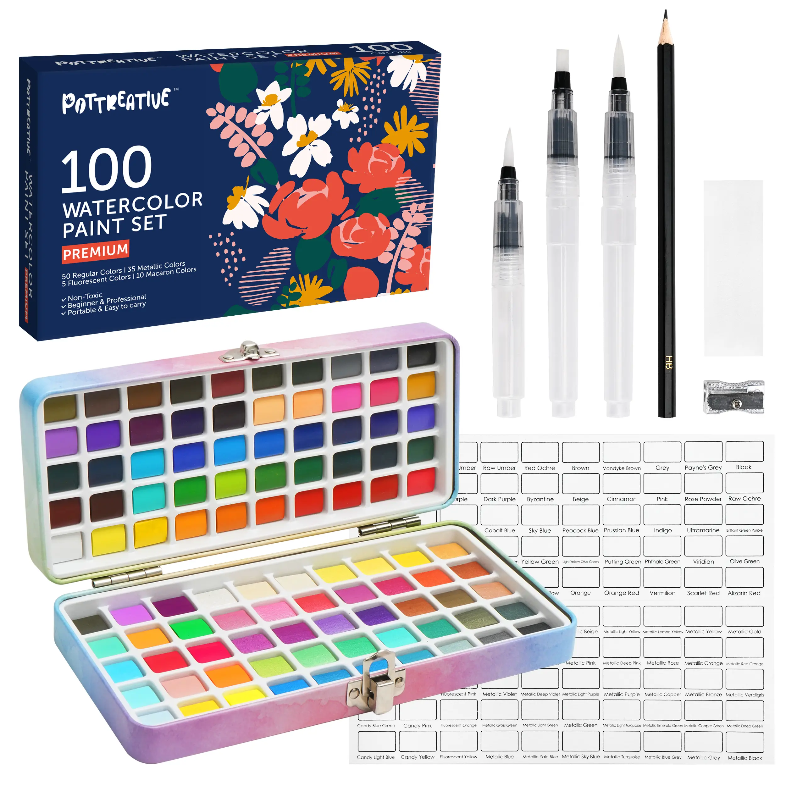 100 Solid Watercolor Paint Kit, Portable Travel Case with Brushes, Metallic, Macaron, Fluorescent Art Supplies for Anime, Portrait, Canvas Painting - Great Gift for Back to School
