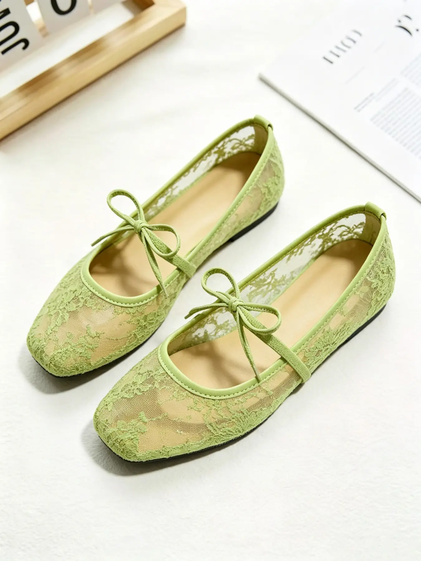 Elegant Embroidered Ballet Flats, Gingham Pattern, Textile Upper, Rubber Sole, Casual Spring & Fall Shoes, Comfortable Fit