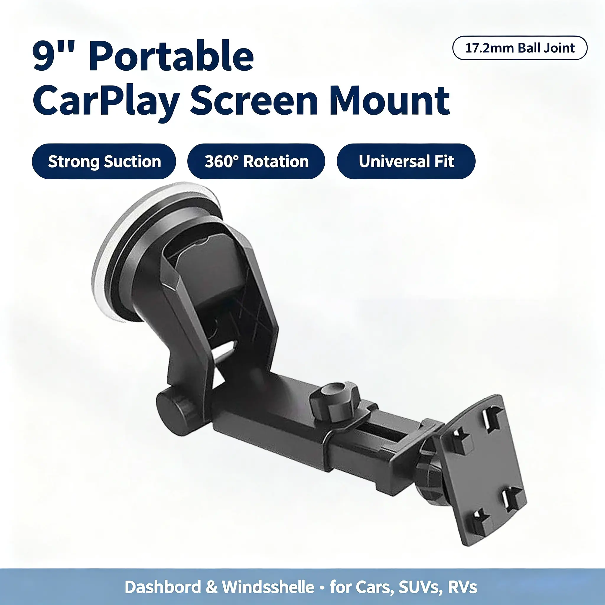 9-inch Compact CarPlay Screen Holder - 17.2mm Dashboard-Windshield Suction Cup Mount, 360° Rotation, Universal for 9-inch Portable Monitors, Compatible with Cars/SUV/RVs (Car Interior Accessory)