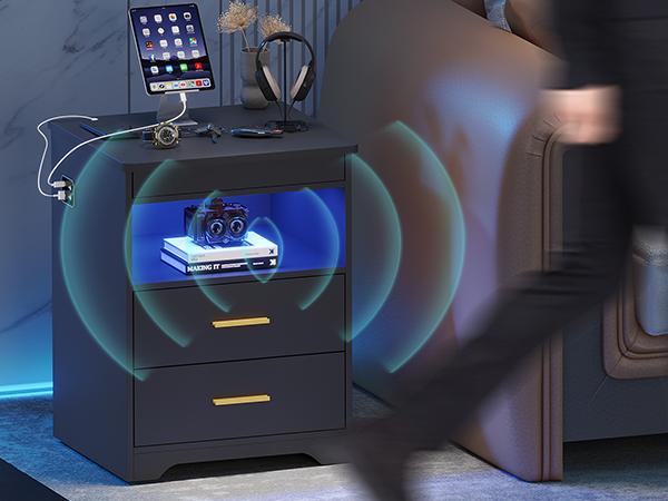 Miuvanity Nightstand Gun Drawer with USB & Type-C Port, LED Light, Modern Design for Office & Bedroom Storage, Includes Charging Station Bedside Table