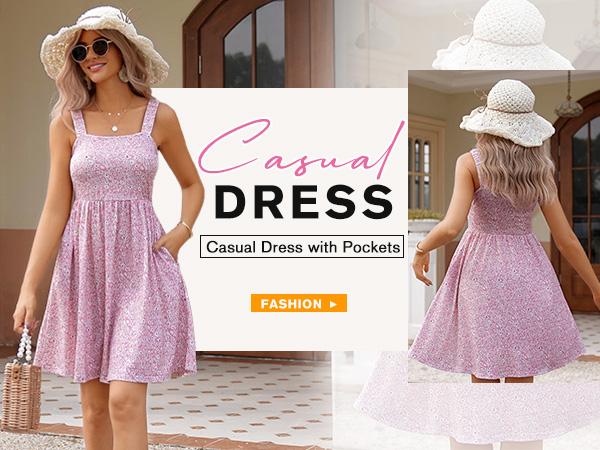Women's Summer Dress Floral Square Neck Sleeveless Casual Dress with Pockets A-line Swing Mini Dresses Sundress