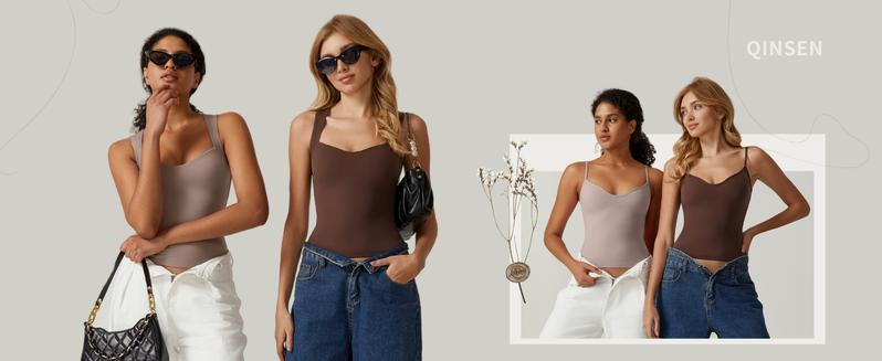 QINSEN Women's Sexy Sweetheart Neck Sleeveless T Shirts Double Lined Tees Slimming Fit Tops Basic Comfort