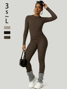 Women's Simple Solid Color Sportswear Set,Comfortable T-Shirt & Slimming Leggings,Perfect for Fall Winter Yoga & Daily Wear, Athleisure Wear Set