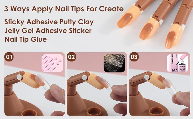 Acrylic Nail Practice Finger Kit with 1 Base Stand 3 Adjustable Fake Fingers 100 Brown Nail Tips for Beginner Nail Training