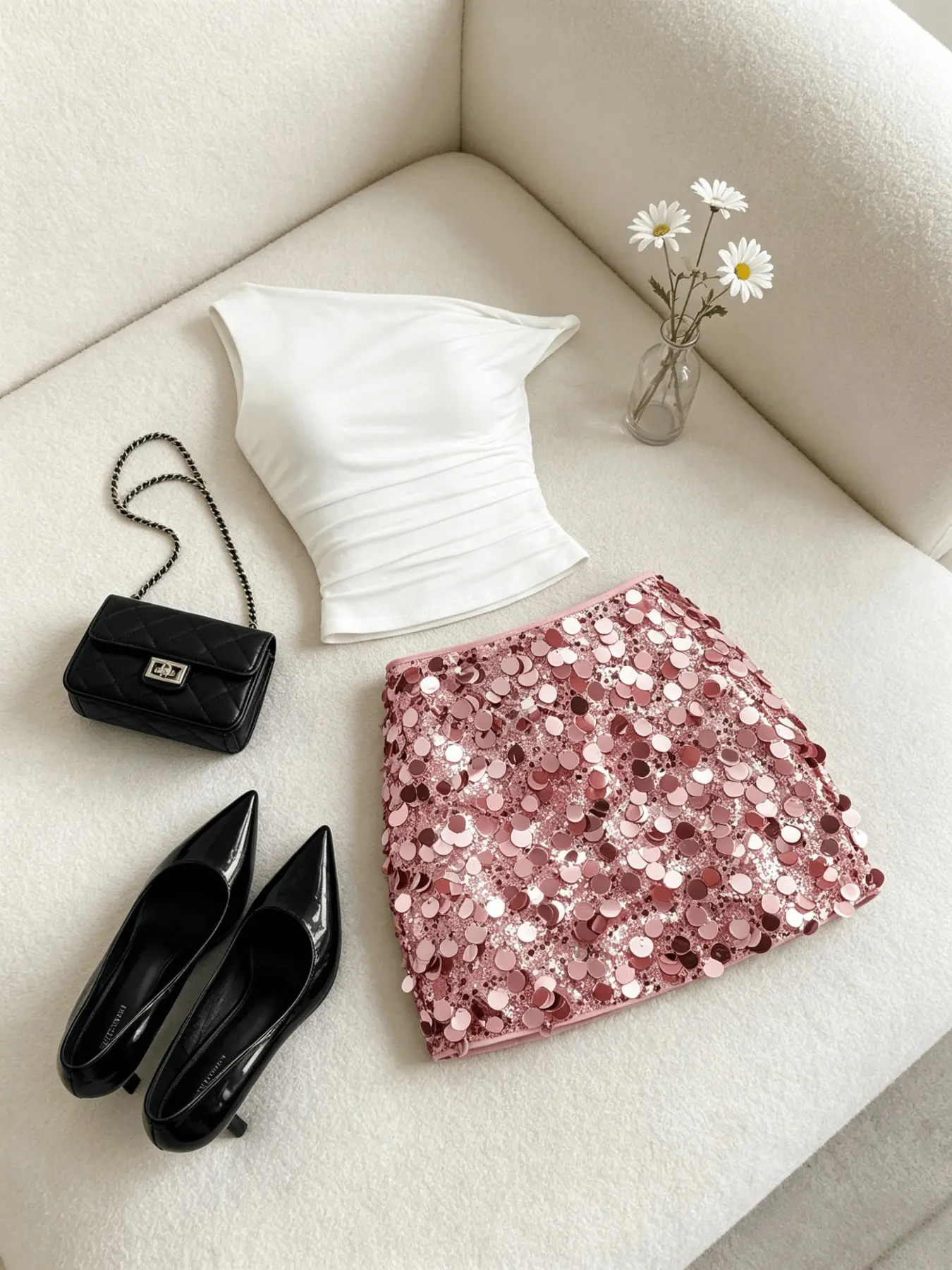 Summer New Arrival Y2K Spice Girl Ruched Two-Piece Women Outfit, Casual, One-Shoulder Asymmetrical Cami Tank Top + Sequin Bodycon Mini Skirt, Slim Fit & Figure-Hugging, Perfect for Evening Party, Club Gathering, Date, Sexy European American Style Clothes