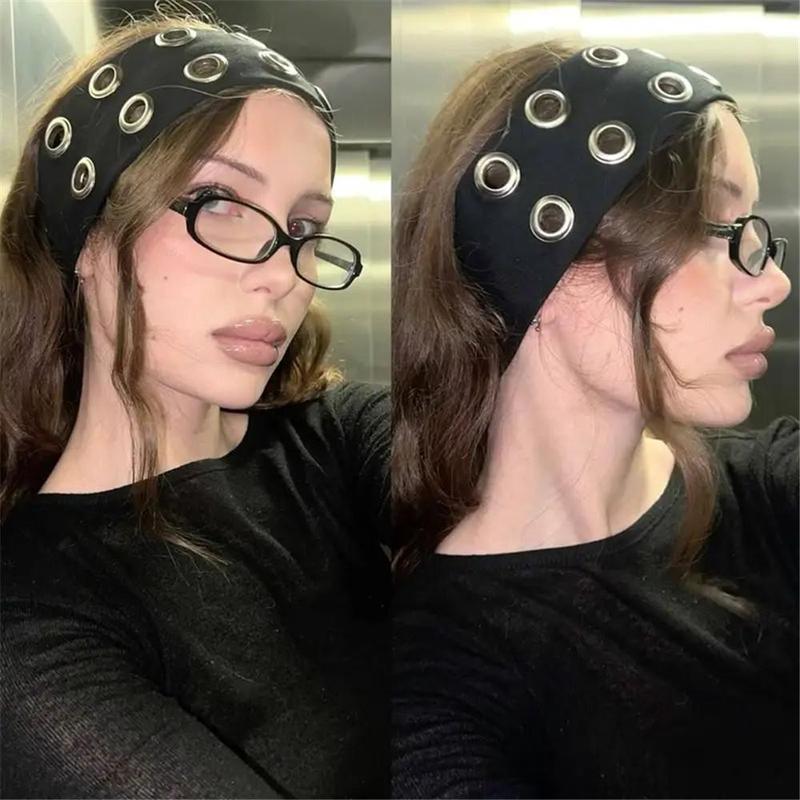 AWAYTR Y2K Punk Women Hollow Out Eyelets Elastic Headband Harajuku Fashion Wide Headband Elastic Head Bands Grunge Hairband for Women Girls TikTokShopBlackFriday