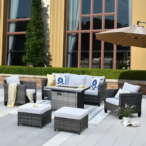 Ovios Vultros 6-Piece Outdoor Patio Conversation Set with 42” Rectangle Propane Fire Pit Table, All-Weather Wicker Furniture for Backyard Patio Deck