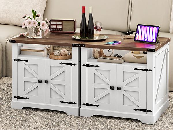 HOOBRO Farmhouse End Table with Charging Station, 23.6" Large End Tables for Living Room, Sofa Side Table with Barn Door, Wooden Square Nightstand Bedside Table, Flip Top, White and Walnut