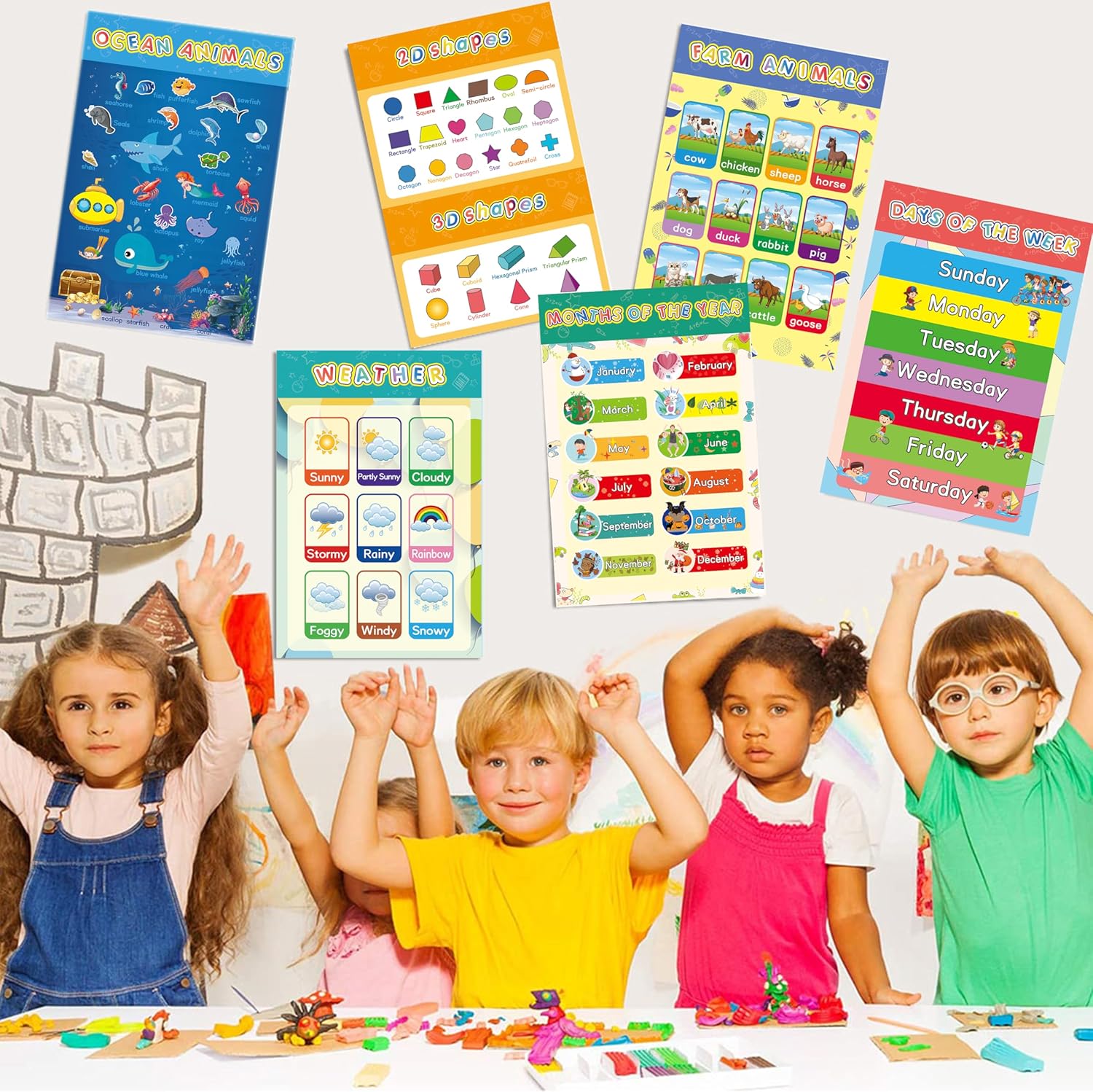 16 Educational Posters for Classroom & Kindergarten - Laminated PreK Learning Charts - ABC Alphabet, Shapes, Colors, Weather, Days of the Week - 11x16.5 Inches - Double Layered Waterproof - Perfect for Early Education