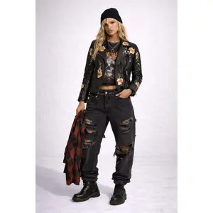 FLOWER WINE BLACK EMBROIDERED LEATHER JACKET