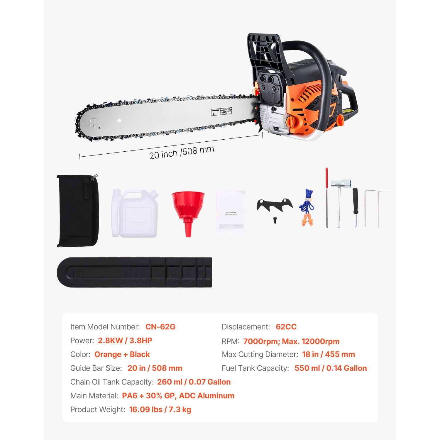 20 inch 62CC Gas Powered Chainsaw, 3.8 HP 2 Stroke Engine Gas Power Chainsaws with Non-Slip Handle, Gas Chainsaws with Dual Fuel Tanks, For Wood Cutting, Tree Trimming, and Land Clearing