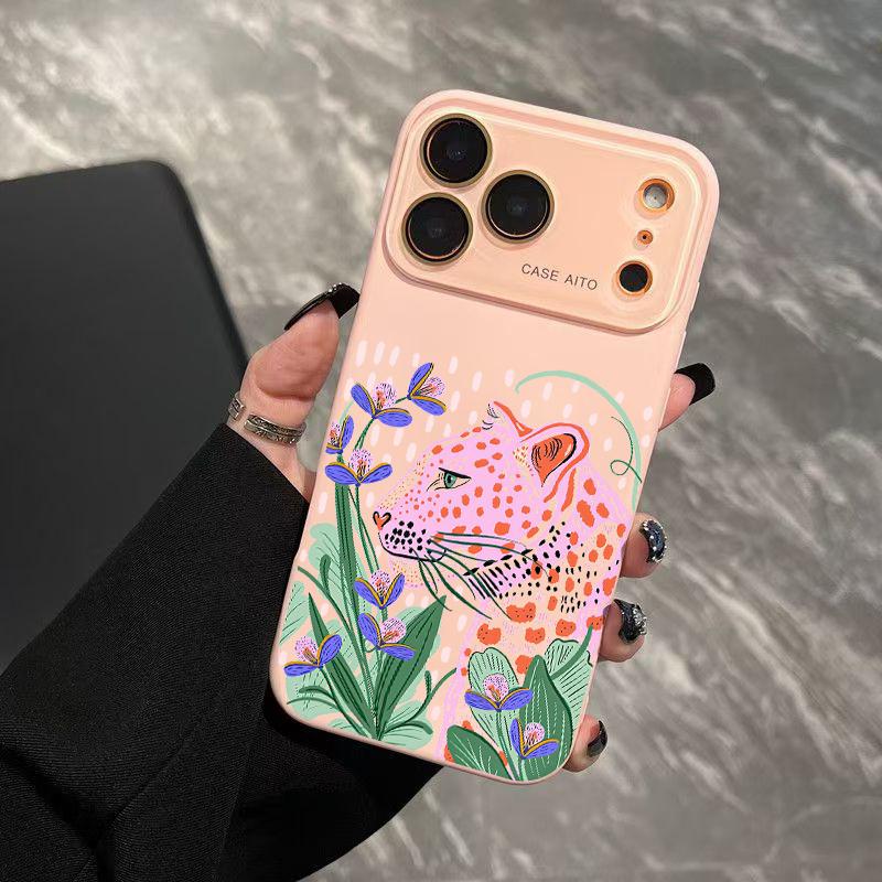 Pink Leopard Art Case for iPhone 17 Pro Max 17Air 17 16E 16 15 14 13 12, Ultra Skin-Friendly TPU, All-Inclusive Glass Lens Protection, Aesthetic Leopard Print Gift, Dopamine Ins Style Solid Color Cover, Shockproof Slim Case, Lens Window Design