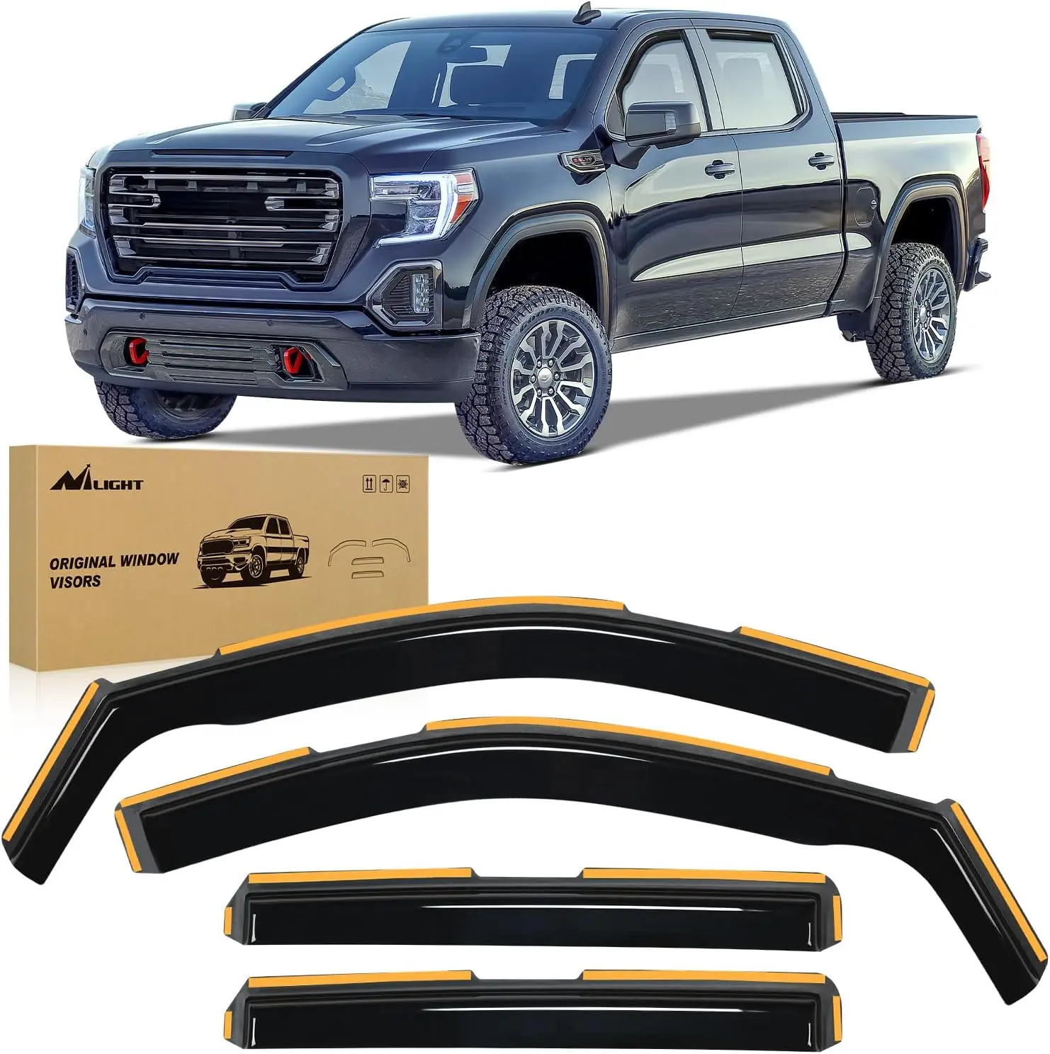 Nilight 4-Pc Self-Adhesive In-Channel Sun Protective Rain Guards, Durable Truck Accessories for Chevy Silverado 1500 Crew Cab/GMC Sierra 1500 2019-2025, W/12 Clips, 78in Tape, 1 Crowbar, Car Exterior Trim (Improves Ventilation, Reduces Mirror Fogging)
