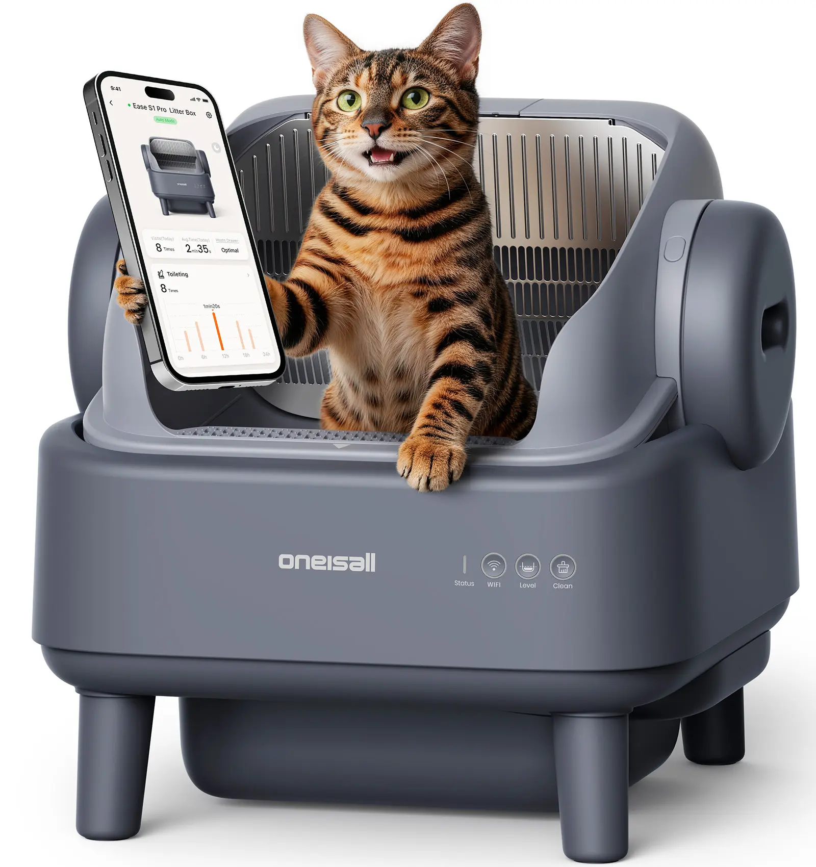 Oneisall Smart Self-Cleaning Litter Box , Open-Top Easy Rinse Structure, APP Remote Control,  11L Big Waste Drawer For Adult Large Cats