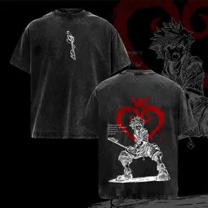 Sora Kingdom Hearts Tee Washed – Kingdom Hearts Vintage Washed Heavy Cotton Oversized Graphic T-Shirt, Retro Anime Game Crossover Streetwear, Keyblade Wielder Heartless Emblem Edition, Unisex Aesthetic Top