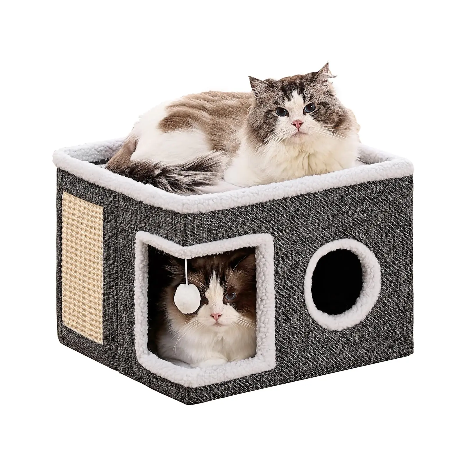 Cat Beds for Indoor Cats Large Cat Cave with Fluffy Ball and Scratch Pad Foldable Cat Scratch House with Hideaway Condo for Kitten16x16x13inchGrey