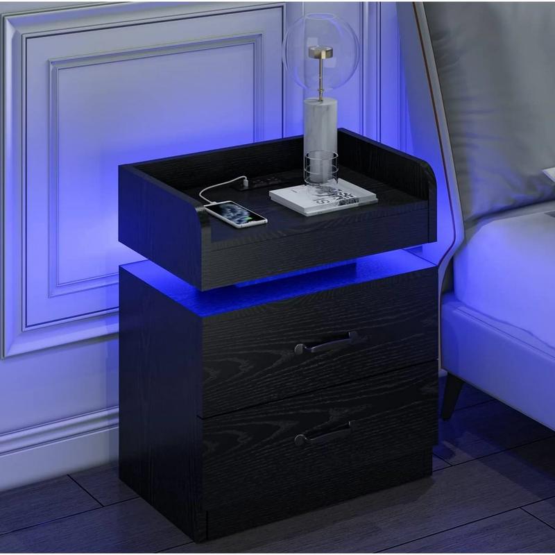 HOMBCK LED Nightstand with Charging Station, Modern Black Night Stand Storage Drawers, End Side Table for Living Room HOMBCK LED Nightstand with Charging Station, Modern Black Night Stand Storage Drawers, End Side Table for Living Room