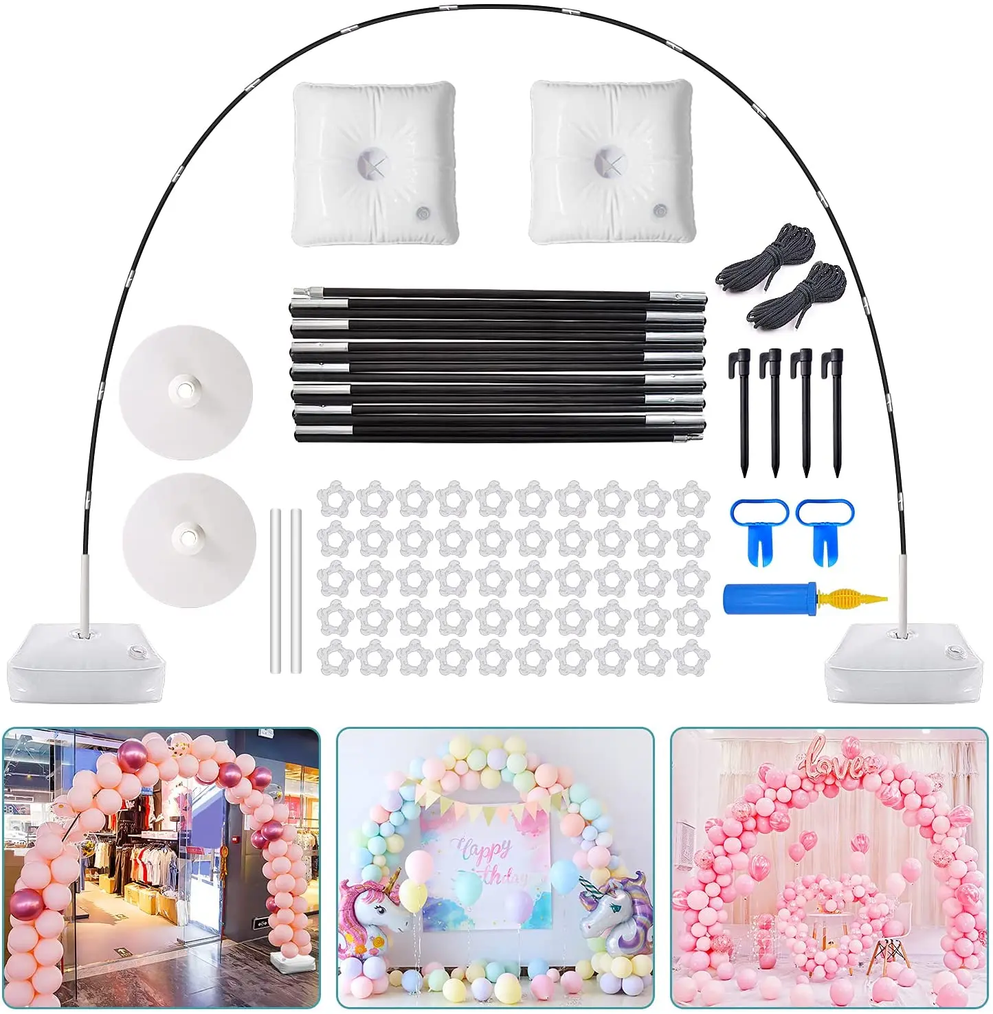 Adjustable 9FT Height x 10FT Width Arch Kit with Glass Fiber Poles, PVC Base, Water Bags, Pump, Clips, Knotter, Ropes - Quick Setup DIY Balloon Party Supplies Set (Works with Any Balloon Theme)