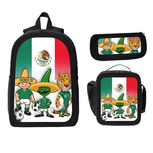 Mexico World Cup Football Celebration Backpack Set with Cartoon Characters Team Colors & Mexican Flag Design for Students - 3-Piece School Bag Set with Generous Capacity & Trendy Colour-Block Design