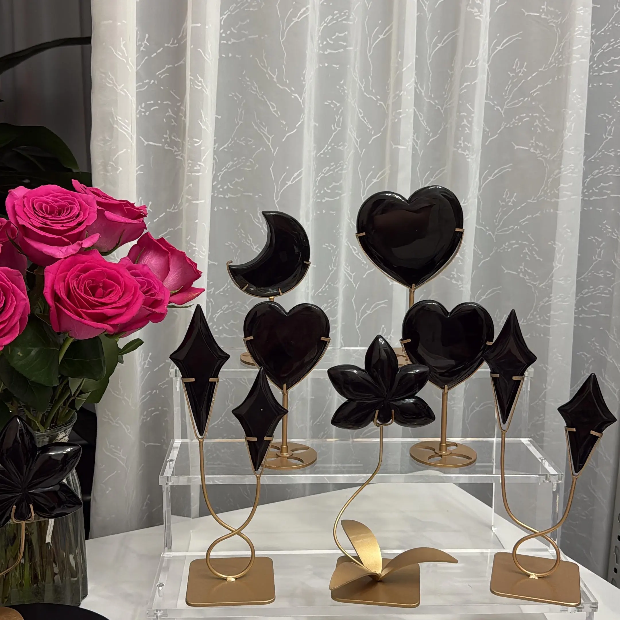 super unique Rainbow black Obsidian flower Set