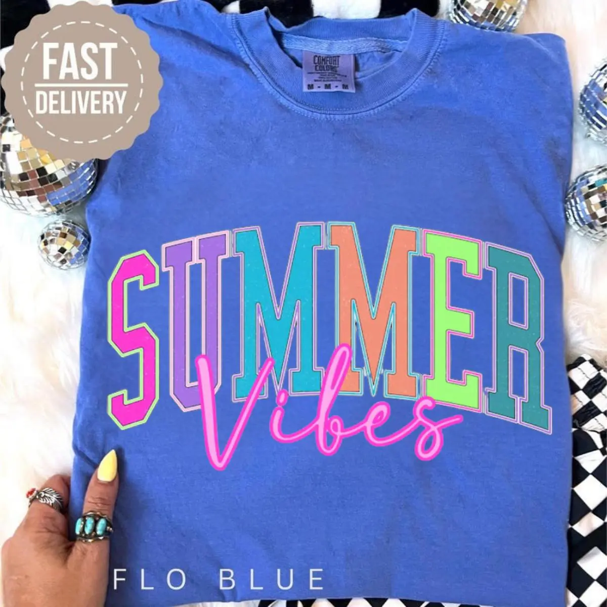 Comfort Colors Summer Vibes Women T-Shirt, Beach Life Gift for Her, Summer Trendy Shirt, Distressed Beach Mom Tee, Neon River Birthday Gifts