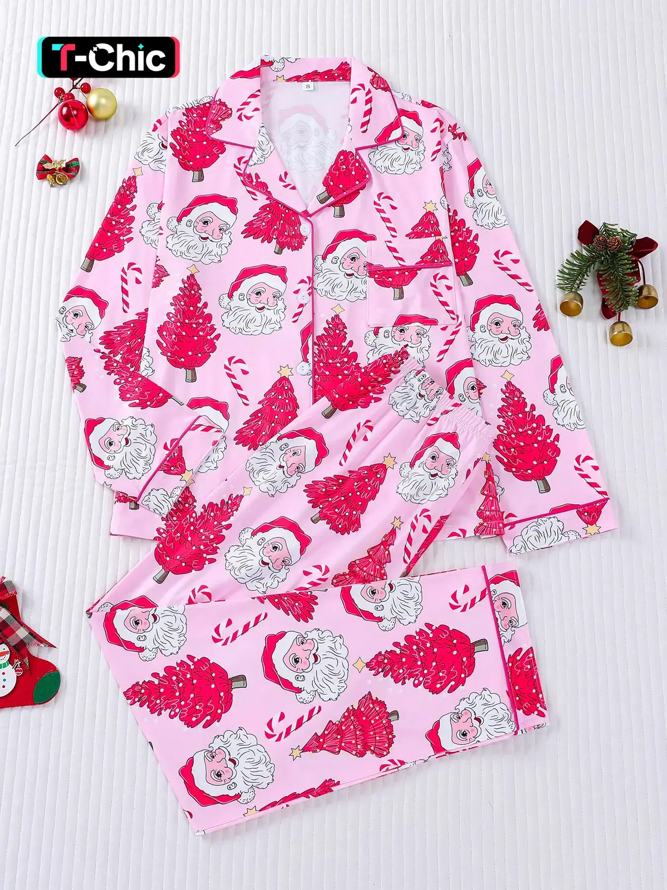 2-piece set of stars, Christmas trees, Cute soft Knitted top, small pocket button top, elastic waistband, suitable for all seasons, home, Loungewear, sleepwear, Pajamas, Cute Pajama Sets, womenswear