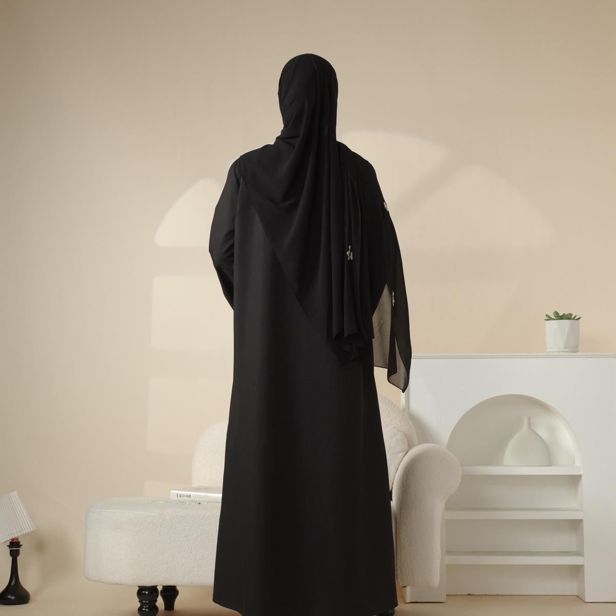 Olive Branch Embroidered Linen Abaya Set | 4-Piece Handmade Design | Jasmine & abaya coats | Symbol of Peace & Resilience | Includes Open Abaya, Inner Dress, Hijab, Belt | Modest Fashion | Full-Length, Wide Sleeves | Perfect for Weddings elega