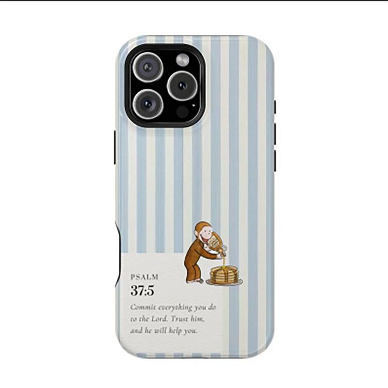 lsai Vintage Curious George Phone Case – Cartoon Monkey Pouring Syrup on Pancakes with Bible Verse "Do Everything in Love" on Blue Striped Background, Cute Protective Cover for iPhone 16 Pro Max 15 14 13 12 11 X, Samsung Galaxy S25 S24 S23 S22.8lsai
