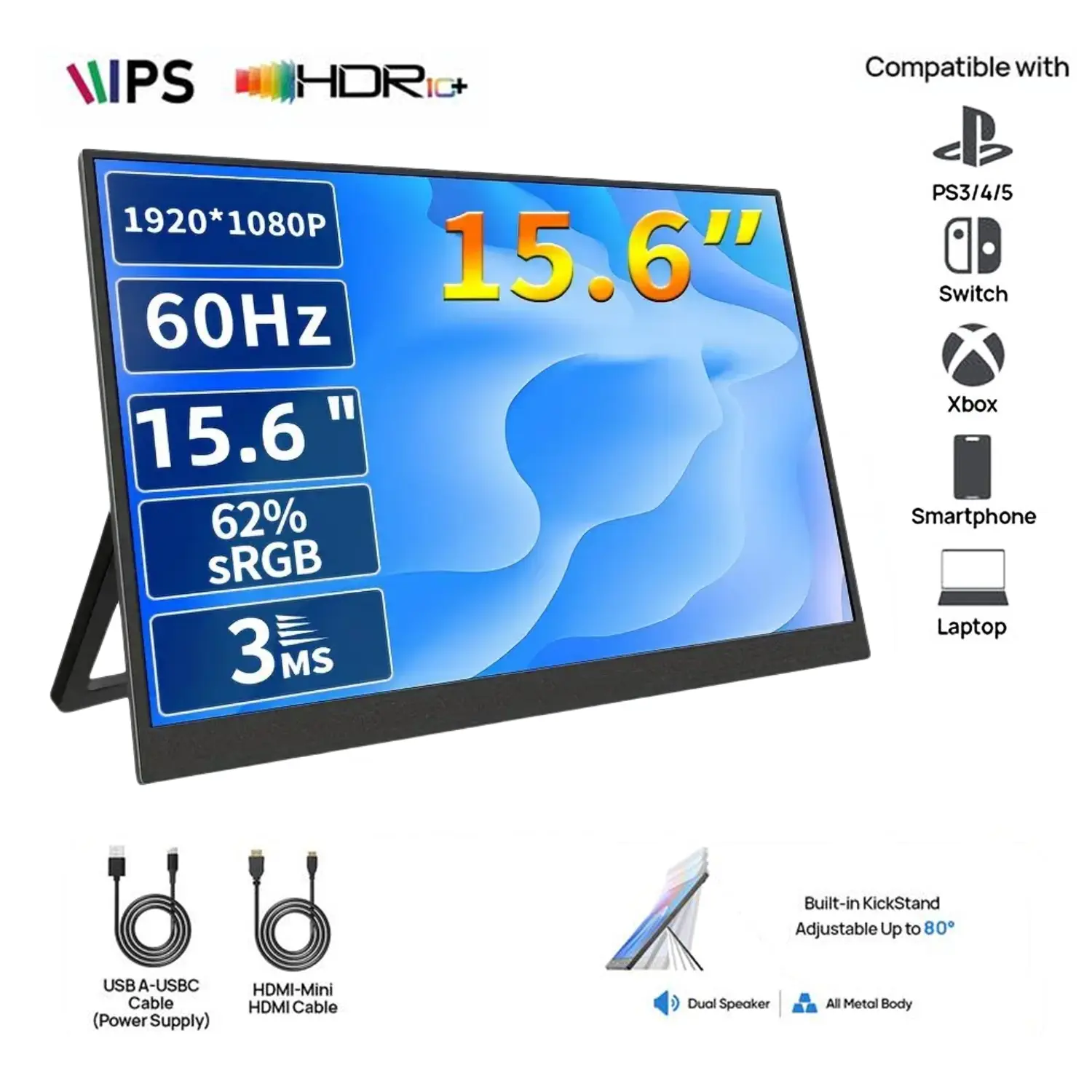 W&O 15.6in Portable Monitor - 1080P FHD HDR IPS Panel Second Screen, USB-C/HDMI PC Display with Premium Smart Cover, Screen Protector, Speakers for Gaming Stuff, Laptop, MAC, PC Accessories, Hdr Support