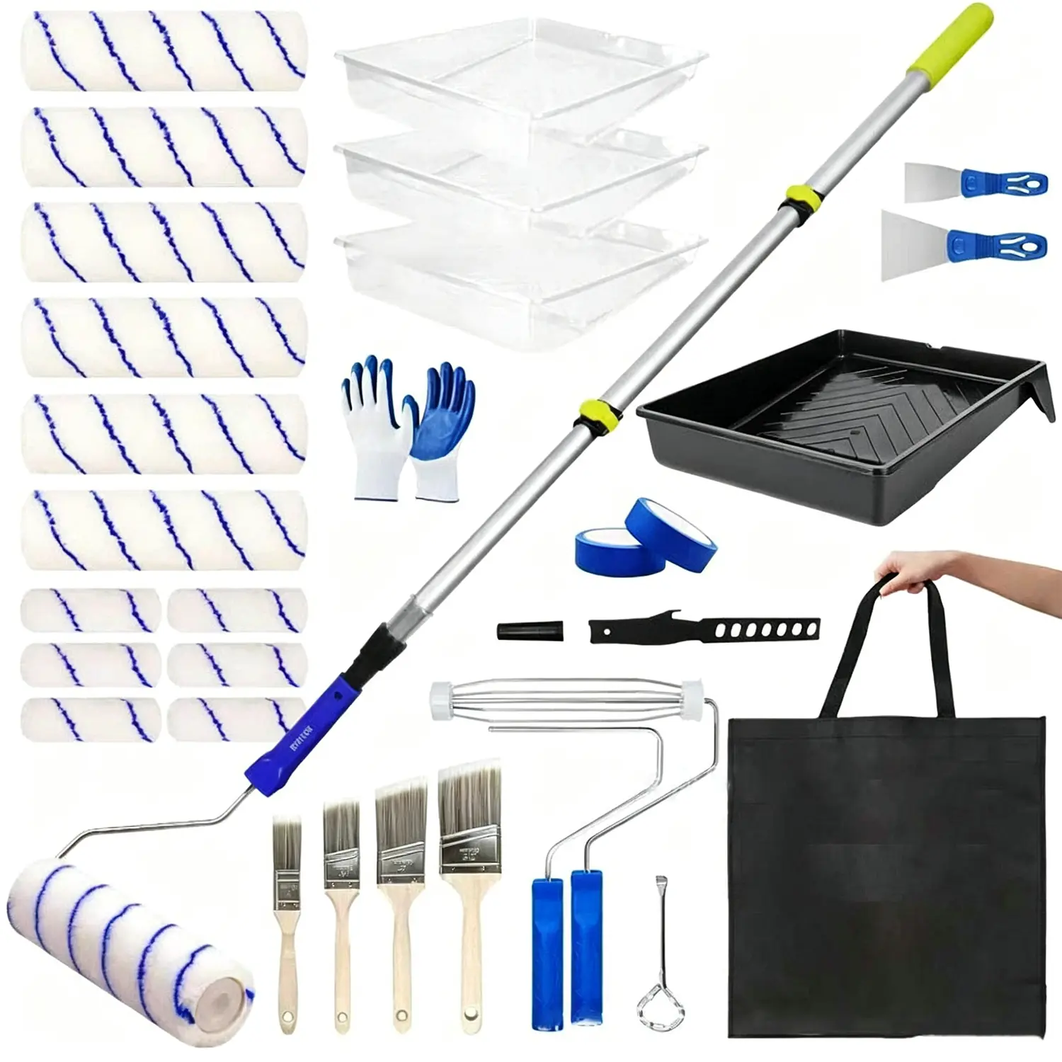 Kit with 2 to 4 FT Extension Pole for House Painting - Completed Home Painting Set with 9″ & 4″ Paint Roller Covers, Tray, Paint Brushes and Accessories