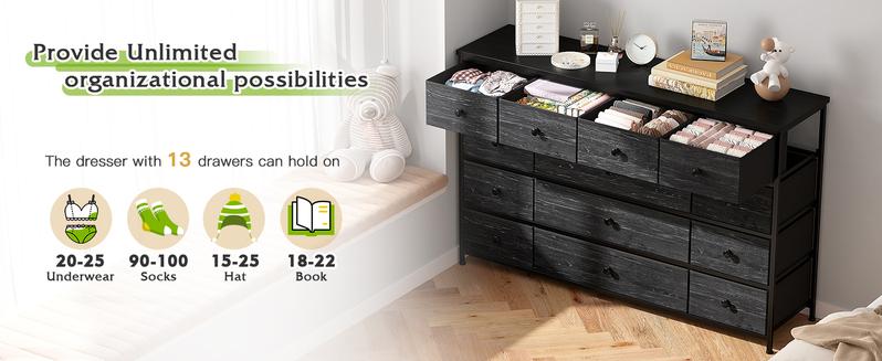 Raybee Furniture Cute Dresser, with 13 Storage Drawer, metal wood frame, Dressers & Chests of Drawers for TV, High space utilization,for Bedroom, Closet, Entryway