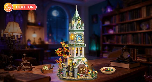 Magic Clock Tower Building Set with Light, 1566 PCS Big Medieval Castle House Construction Model with Owl & Garden, Home Decor Building Block Kit, for Adults Teens Boys Girls 12+