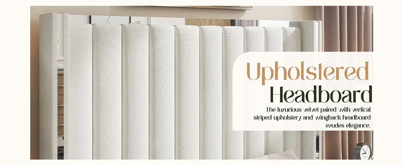 AMERLIFE Modern  Bed Frame with 58" Tall Headboard, Velvet Upholstered Platform Bed with Channel Tufted Wingback Headboard & Plating Trim Design, No Box Spring Needed, Luxury Bedroom Furniture/Best Gift Ideas/Christmas Gifts