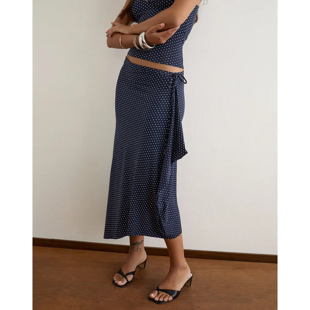 MOTEL Phemia Maxi Skirt with Beads in Jersey Navy with Micro Polka Print
