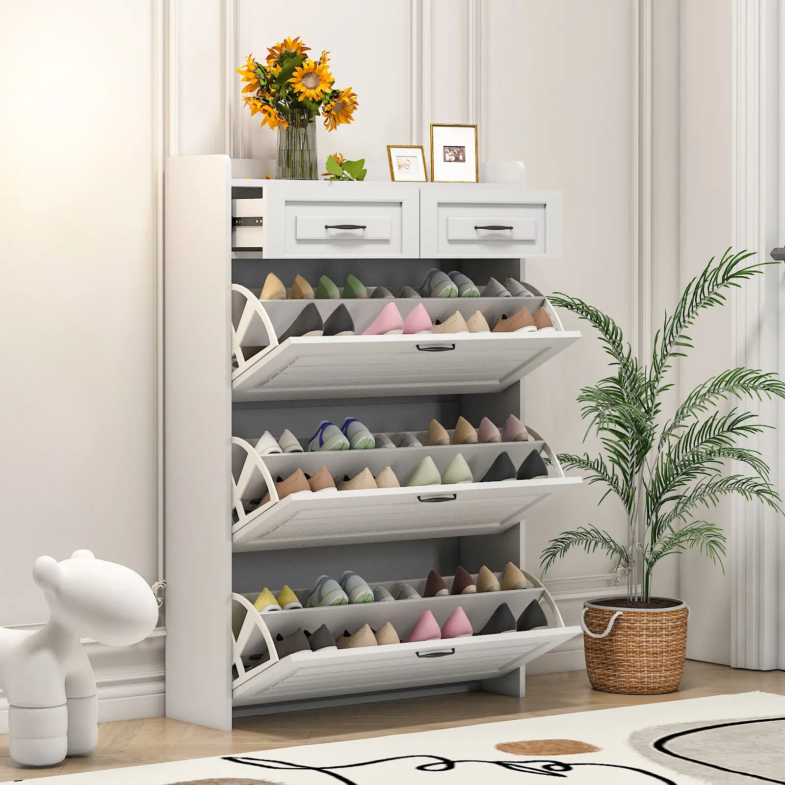 Spaco Narrow Modern Adjustable Shelves Shoe Cabinet - Multi-Shelf Organizer, 3 Large Flip Drawers, 2 Storage Drawers, 20-25 Kg Stable Load Capacity, Storage Organization for Entryway, Small Room Organization Product, Small Room Organization Products White