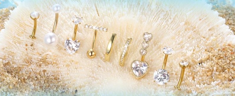 ORAZIO Gold Belly Button Ring Pack - 9Pcs Hypoallergenic Surgical Steel CZ Opal Pearl Clicker Floating Navel Piercing Jewelry for Women Comfortable 14G Bar Length