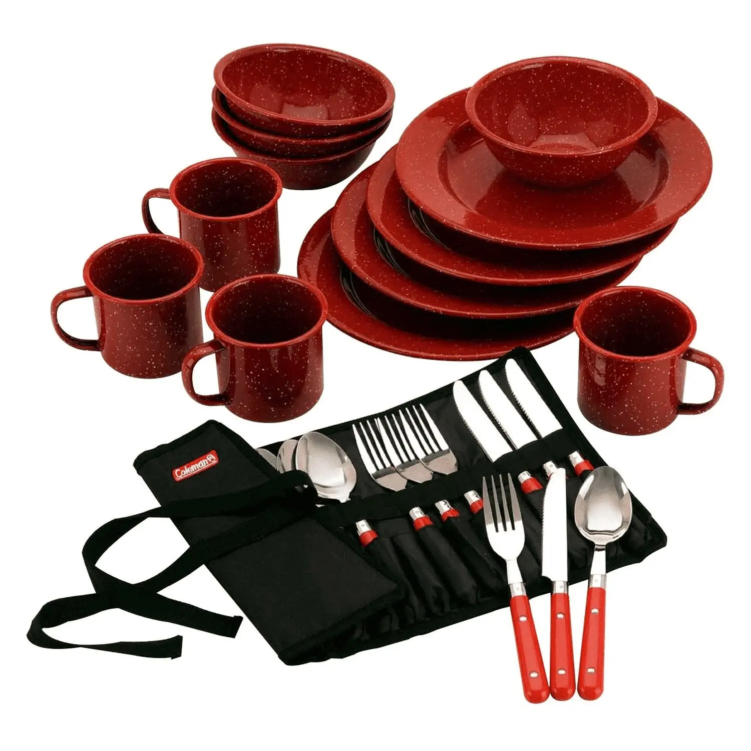 Coleman 24-Piece Double-Coated Enamelware Dinner Set - Stainless Steel Cutlery, Decorative-Handle Enamel Mugs, Durable Tableware for Home, Outdoor Use, Dinnerware Set