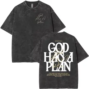 Men's Vintage Washed T-Shirt, Dual-Sided Print, 230 Pure Cotton Material, God Has His Own Plan Letter Print, Casual Street Style Tshirt