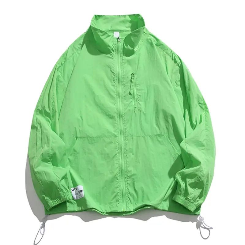 Male Full-Zip Long-Sleeve Plain Sun Protection Jacket - Loose Stand Collar, Vertical-Zip Chest Pocket, Adjustable Hem, Small Label Decor, Lightweight Windproof Casual Outdoor Top for Hiking, Beach, Sunny Days (No 2XL)