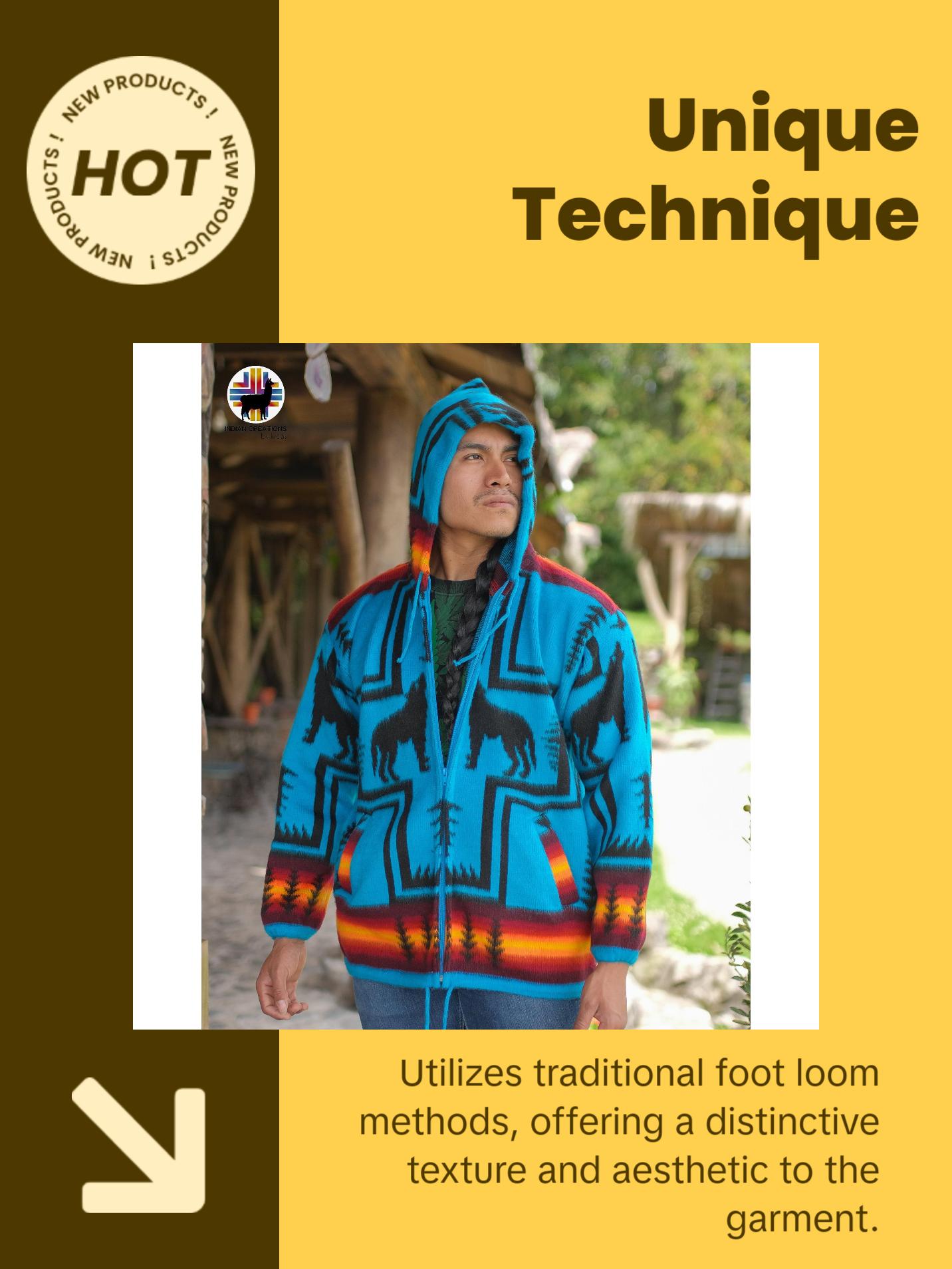 Blue Wolf Spirit Alpaca Wool Jacket. Handcrafted by Indigenous Hands. Super warm and soft. Machine Washable