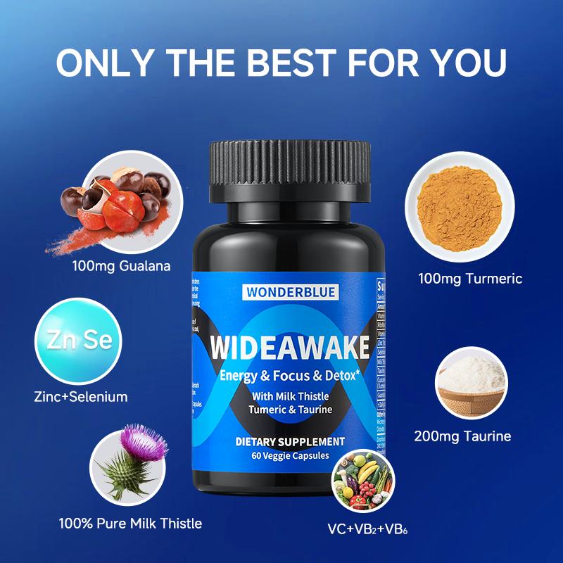 WonderBlue WideAwake Milk Thistle Tumeric & Taurine Capsules for Vitality Energy Detox 60 Veggie Capsules USA Made FDA GMP Supplement