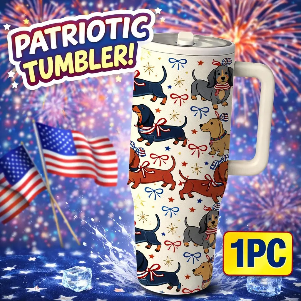 1 Count 40oz Patriotic Themed Dachshund Print Tumbler, Portable Travel Mug with Handle, Stainless Steel Vacuum Insulated Flask, Vacuum Thermo Flask for Water and Iced Drinks, Summer Drinkware Gift for Women, Men and Dog Lovers