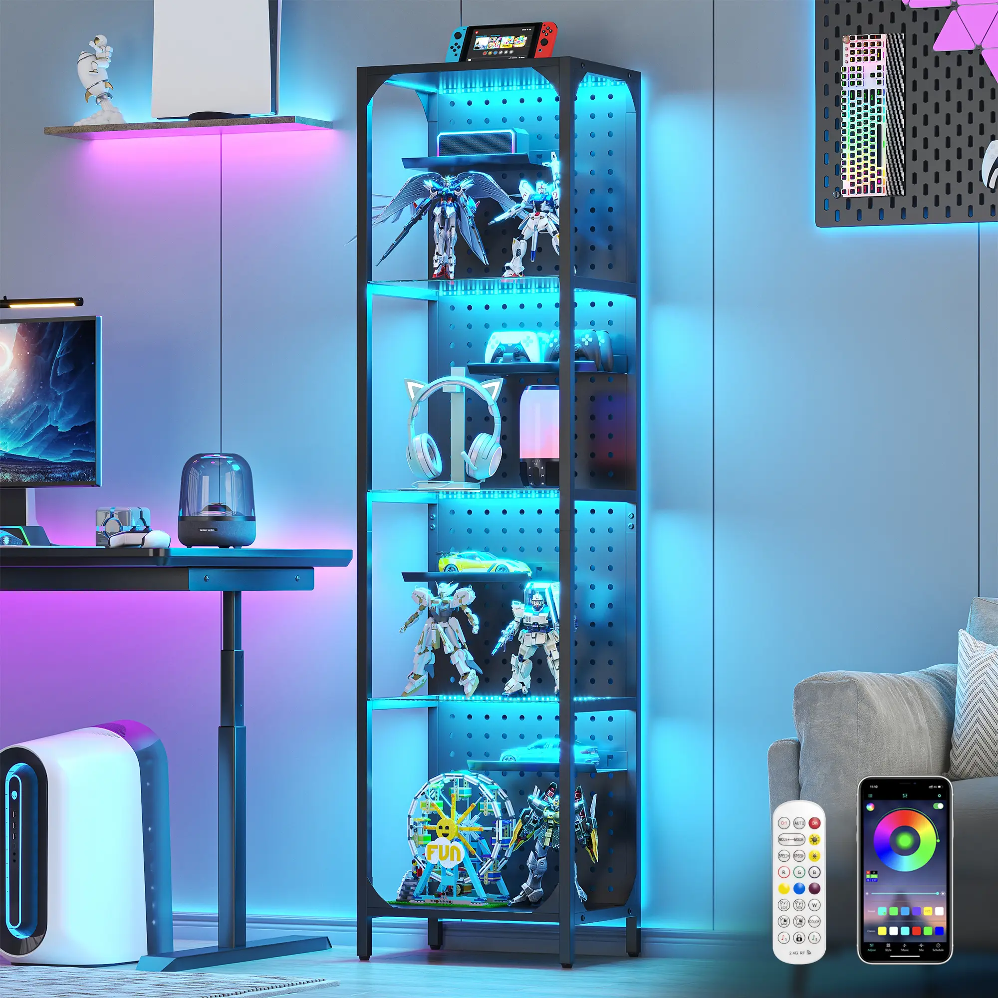 Tall Narrow LED Glass Collector Display Shelf with Steel Frame, Pegboard, Adjustable Shelf - Home Organiser, Accessory Storage Rack for Gaming Room, Living Room, Racks