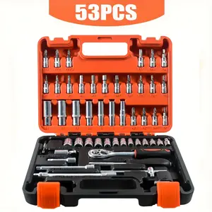 1 Set 53-Piece Professional Mechanic Tool Set with Storage Case, Complete Socket Wrench & Ratchet Set with Extensions, Durable Chrome Vanadium Steel for Car Bike Motorcycle DIY Repair, Portable Home Garage Repair Kit, Ideal Gift for Men